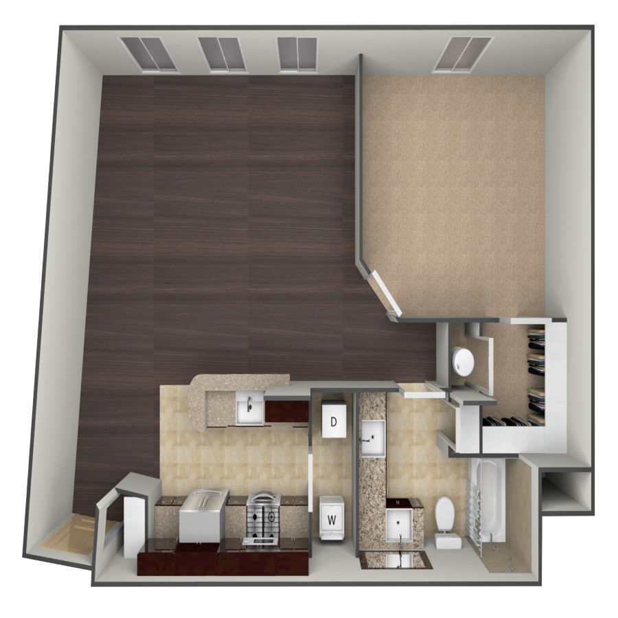 Rendering of the A2A floor plan with 1 bedroom[s] and 1 bathroom[s] at belltowerflats