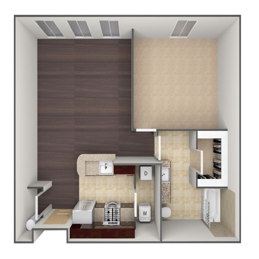 Rendering of the A1 floor plan with 1 bedroom[s] and 1 bathroom[s] at belltowerflats