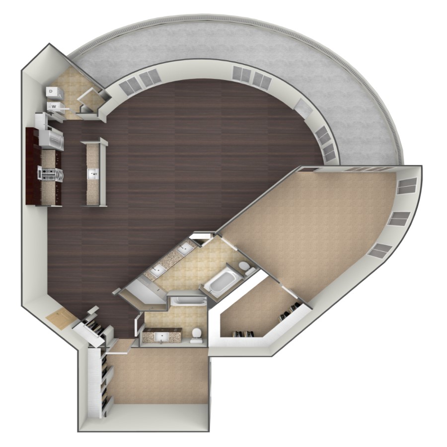 Rendering of the B5 floor plan with 2 bedroom[s] and 2 bathroom[s] at belltowerflats