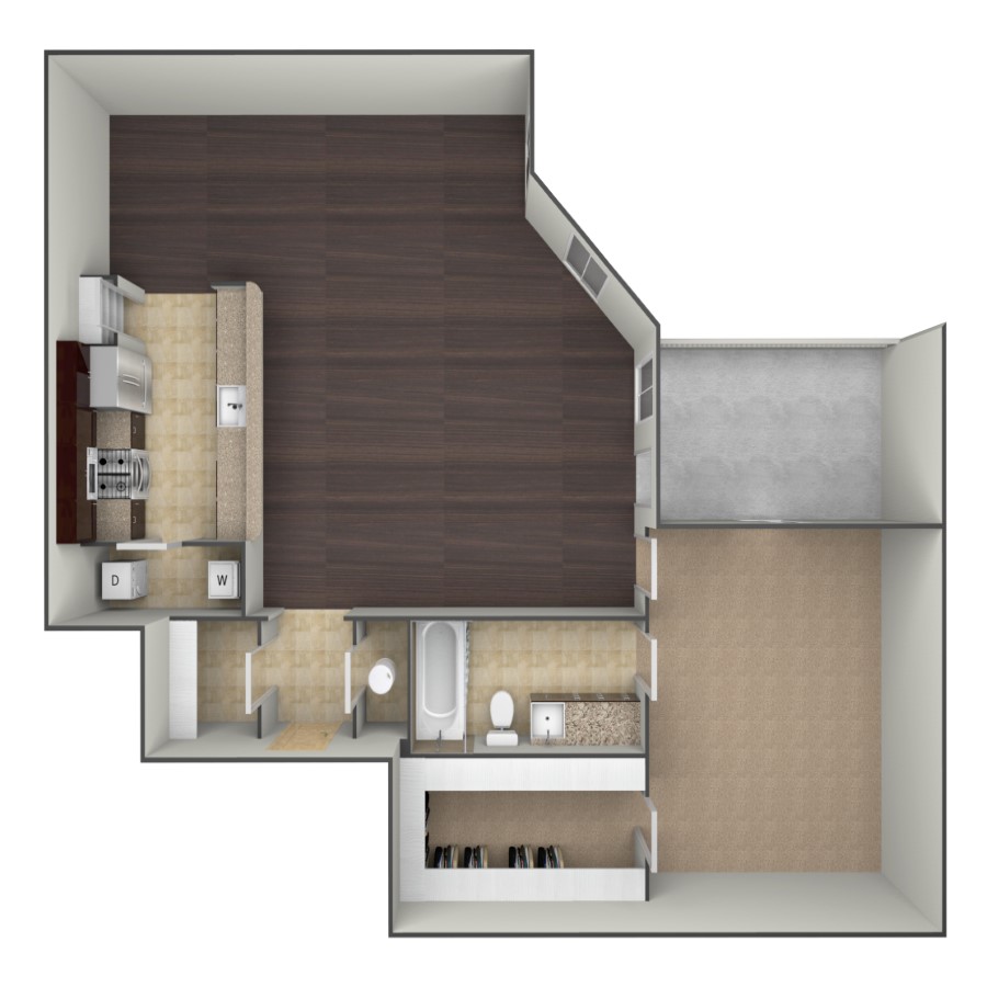 Rendering of the A3A floor plan with 1 bedroom[s] and 1 bathroom[s] at belltowerflats