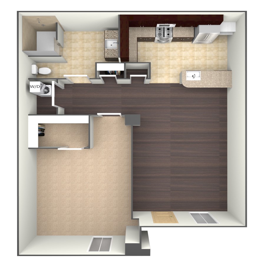 Rendering of the A1B floor plan with 1 bedroom[s] and 1 bathroom[s] at belltowerflats