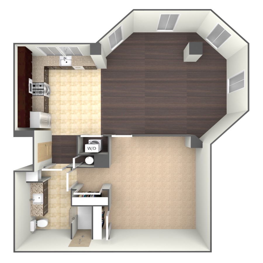 Rendering of the A1D floor plan with 1 bedroom[s] and 1 bathroom[s] at belltowerflats