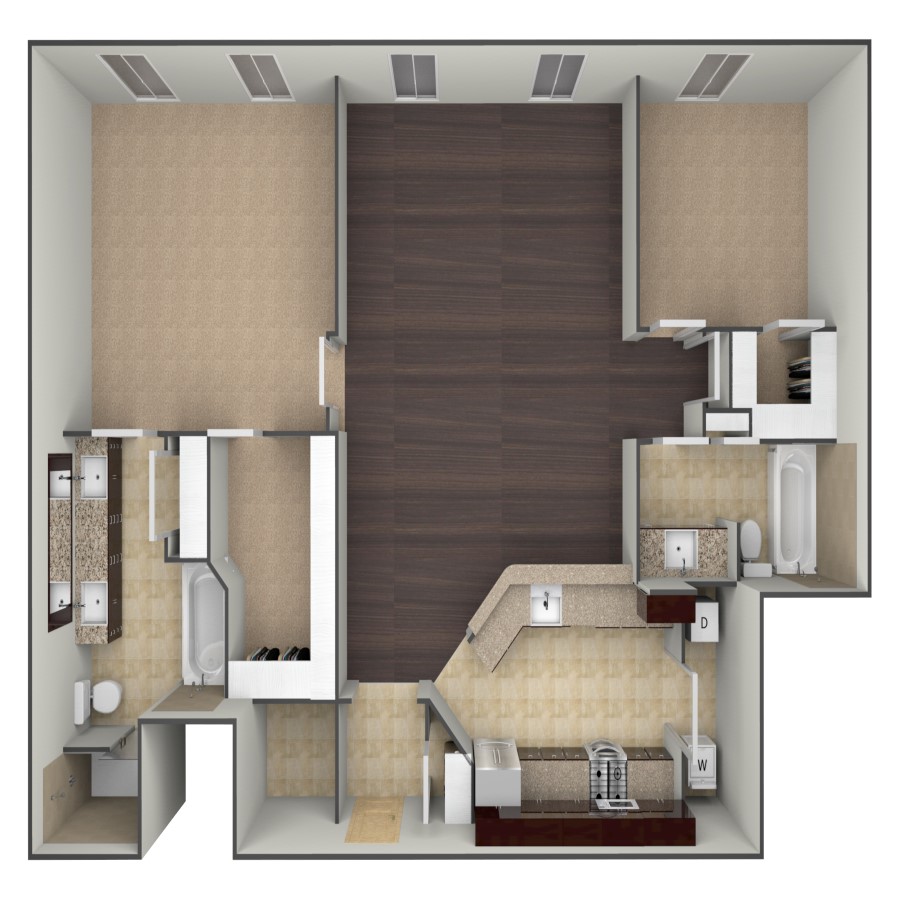 Rendering of the B3 floor plan with 2 bedroom[s] and 2 bathroom[s] at belltowerflats