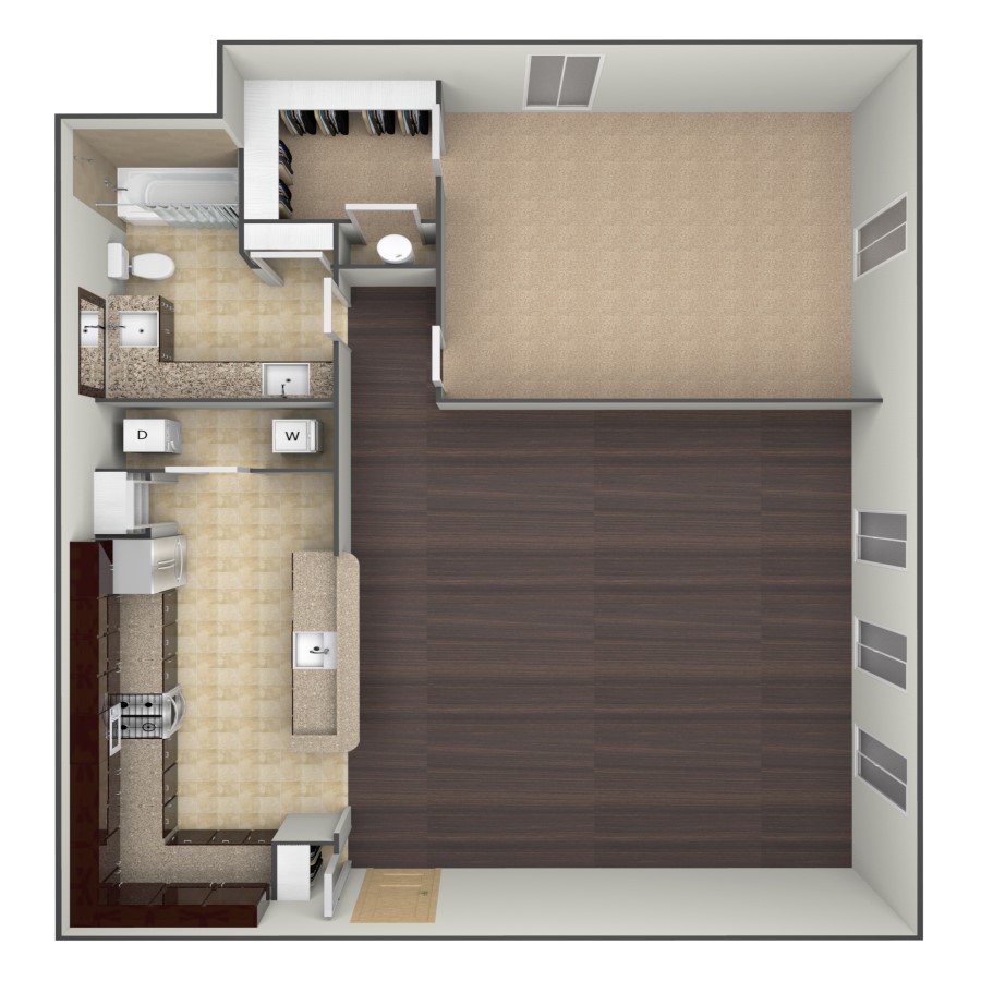 Rendering of the A2E floor plan with 1 bedroom[s] and 1 bathroom[s] at belltowerflats