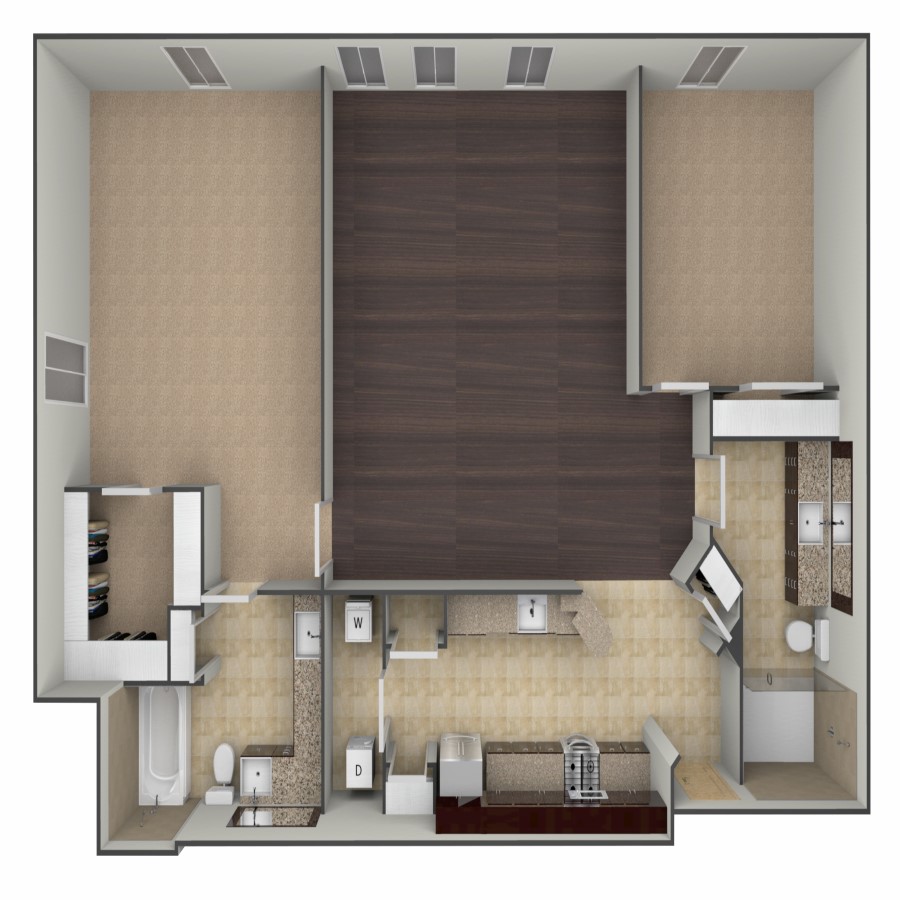 Rendering of the B6 floor plan with 2 bedroom[s] and 2 bathroom[s] at belltowerflats