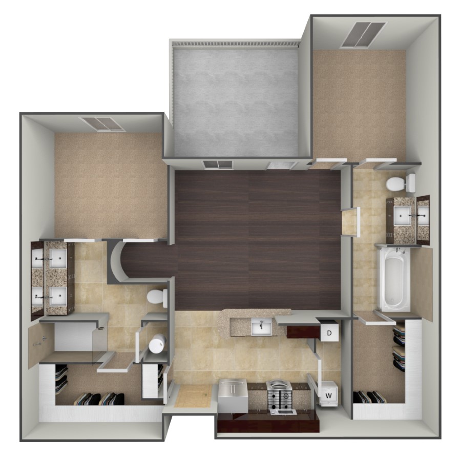 Rendering of the B1 floor plan with 2 bedroom[s] and 2 bathroom[s] at belltowerflats