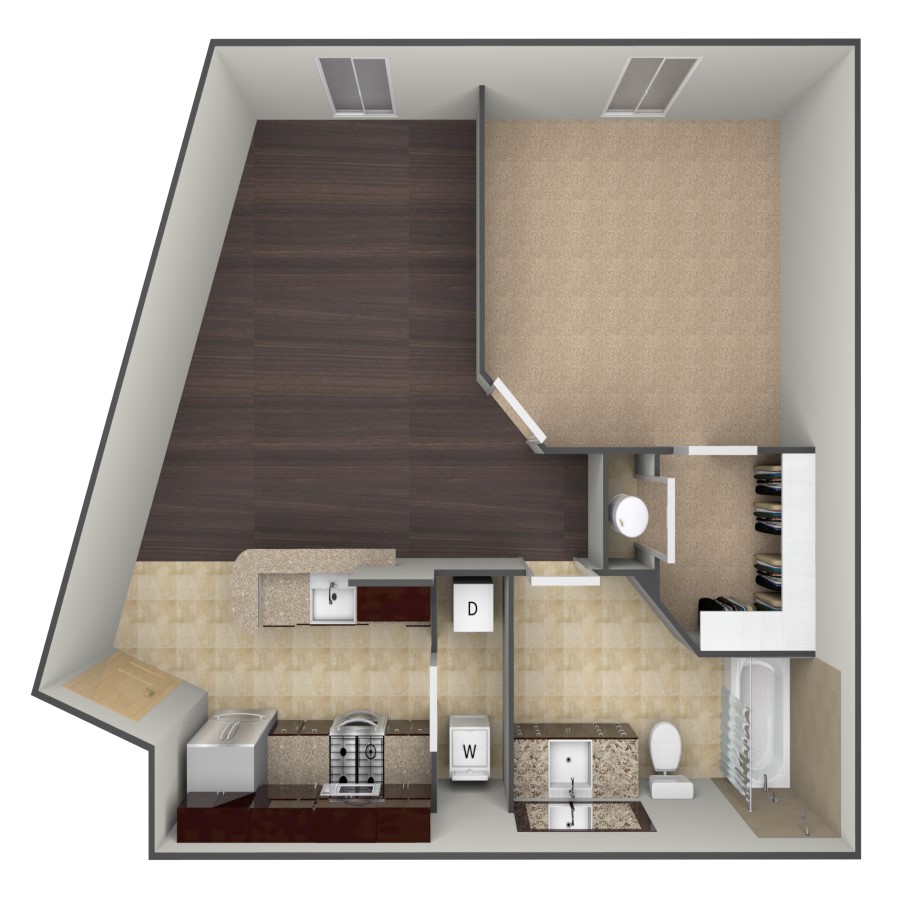 Rendering of the A4 floor plan with 1 bedroom[s] and 1 bathroom[s] at belltowerflats