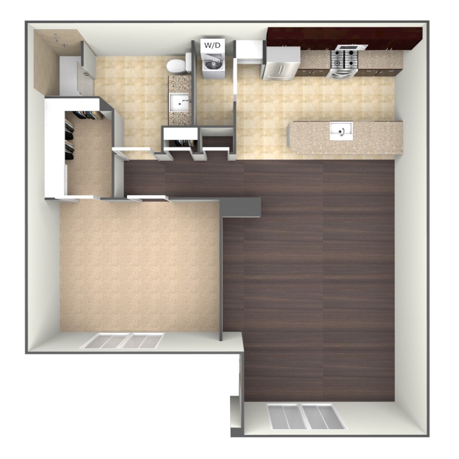 Rendering of the A2G floor plan with 1 bedroom[s] and 1 bathroom[s] at belltowerflats