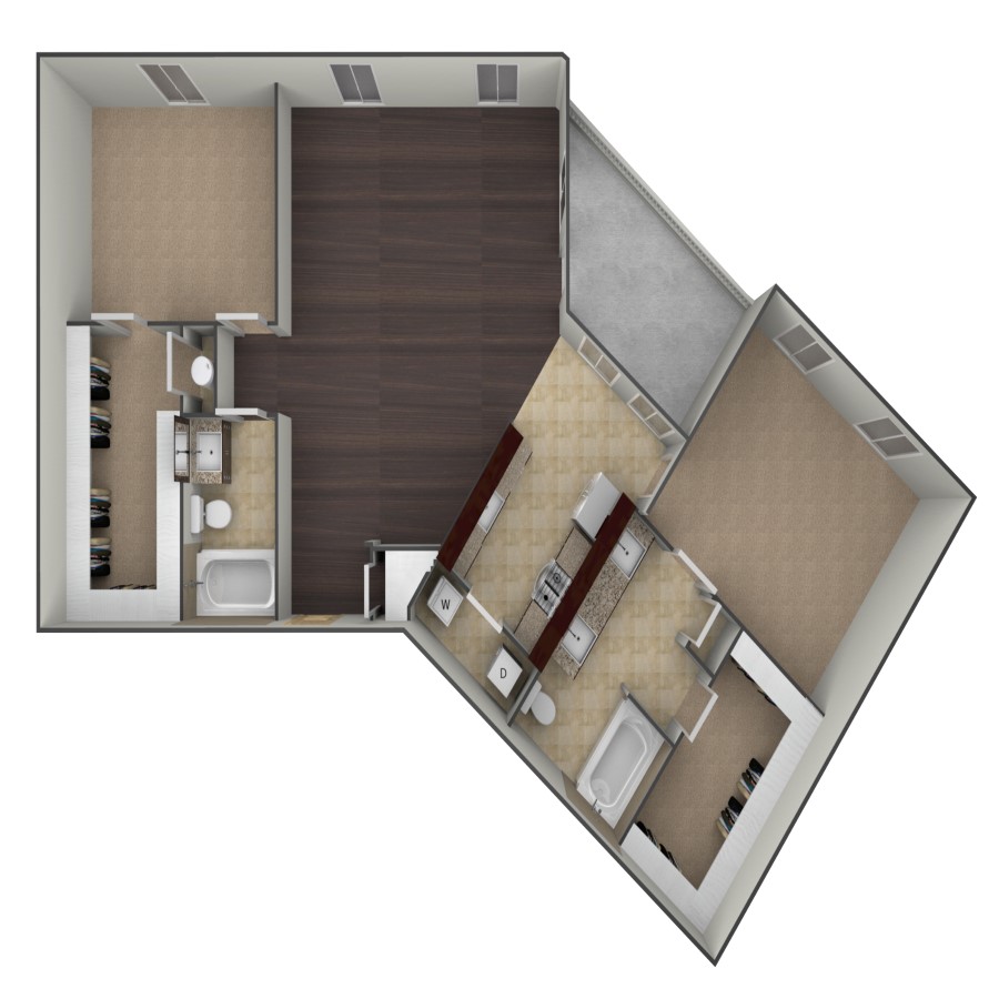 Rendering of the B2 floor plan with 2 bedroom[s] and 2 bathroom[s] at belltowerflats