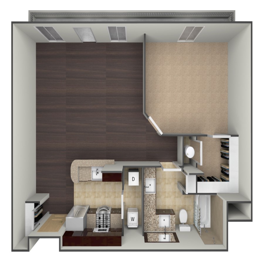 Rendering of the A2B floor plan with 1 bedroom[s] and 1 bathroom[s] at belltowerflats