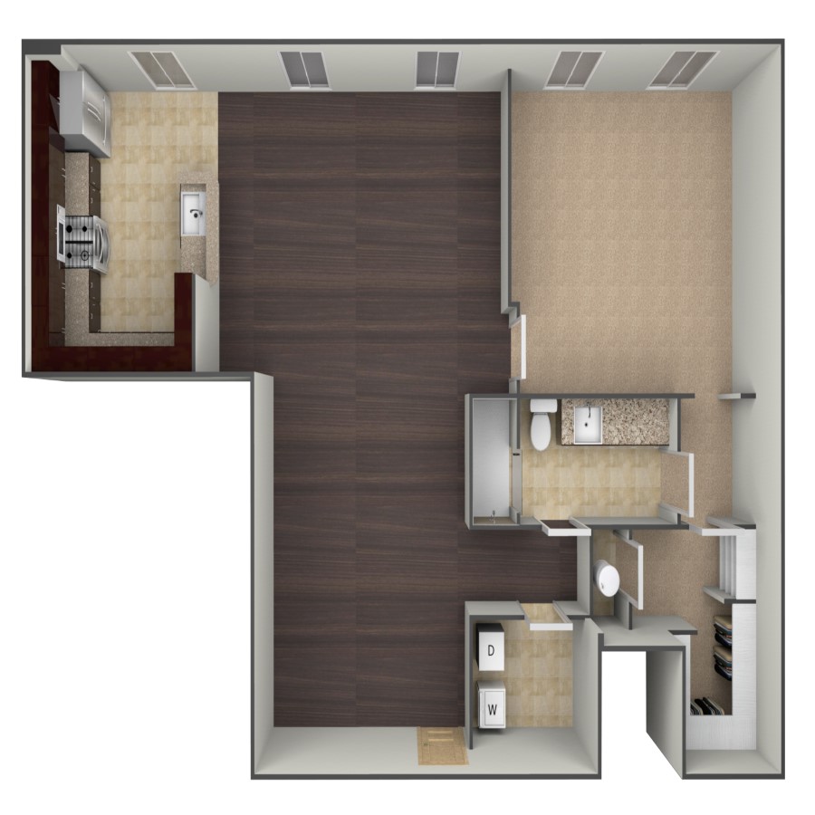 Rendering of the A5 floor plan with 1 bedroom[s] and 1 bathroom[s] at belltowerflats