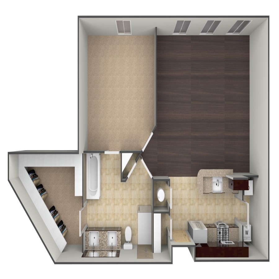Rendering of the A2C floor plan with 1 bedroom[s] and 1 bathroom[s] at belltowerflats
