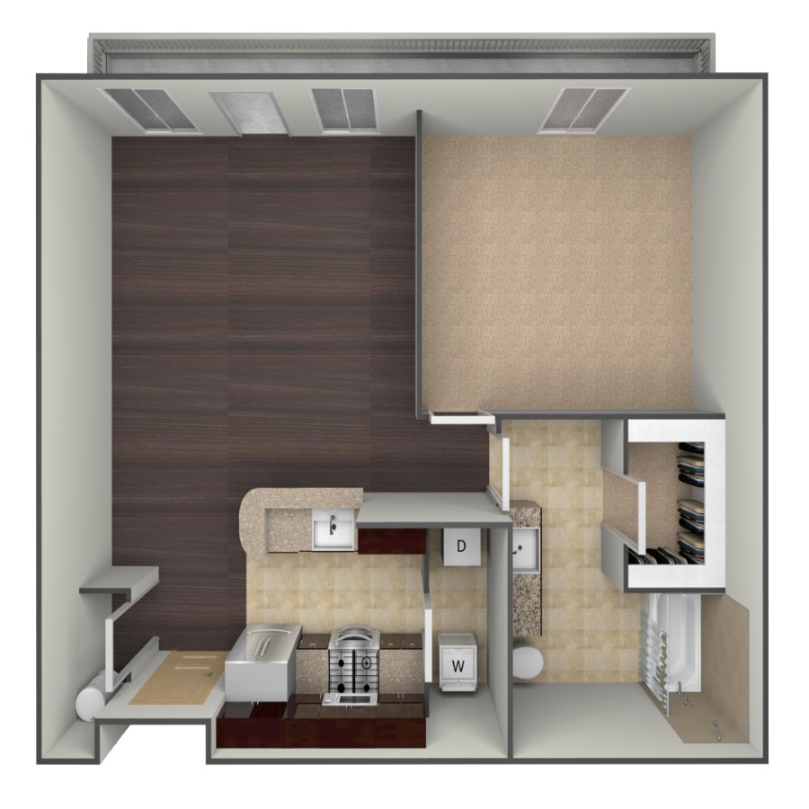 Rendering of the A1A floor plan with 1 bedroom[s] and 1 bathroom[s] at belltowerflats