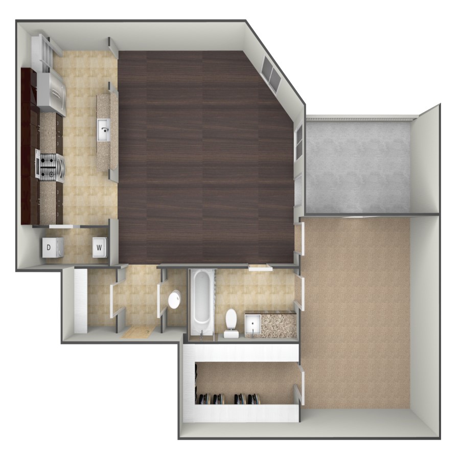 Rendering of the A3 floor plan with 1 bedroom[s] and 1 bathroom[s] at belltowerflats