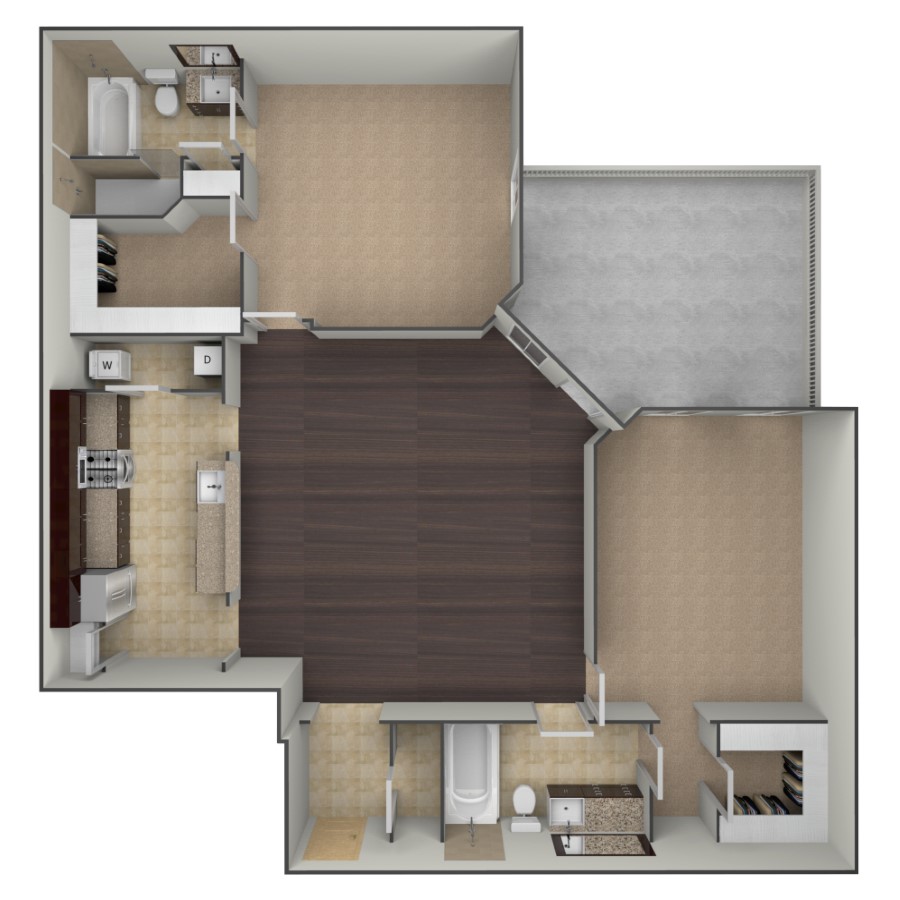 Rendering of the B4B floor plan with 2 bedroom[s] and 2 bathroom[s] at belltowerflats