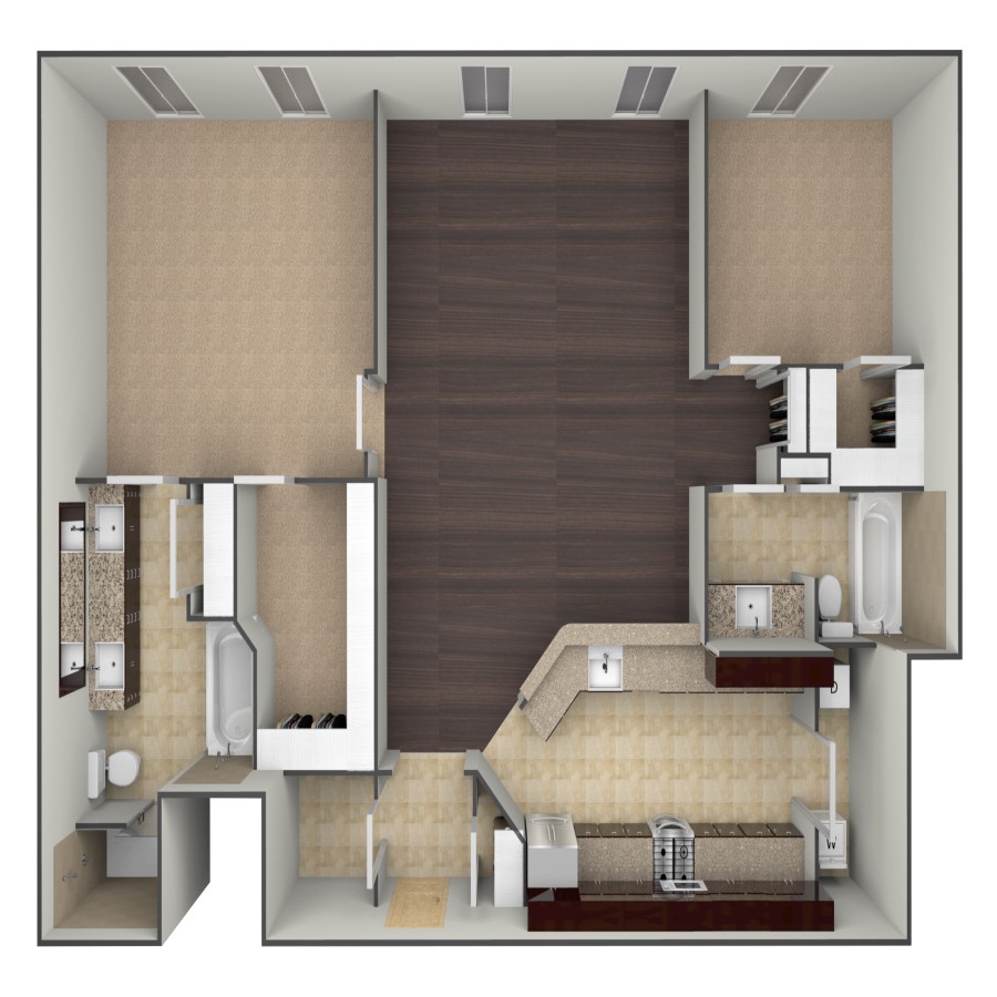 Rendering of the B3B floor plan with 2 bedroom[s] and 2 bathroom[s] at belltowerflats