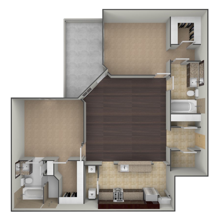 Rendering of the B4 floor plan with 2 bedroom[s] and 2 bathroom[s] at belltowerflats