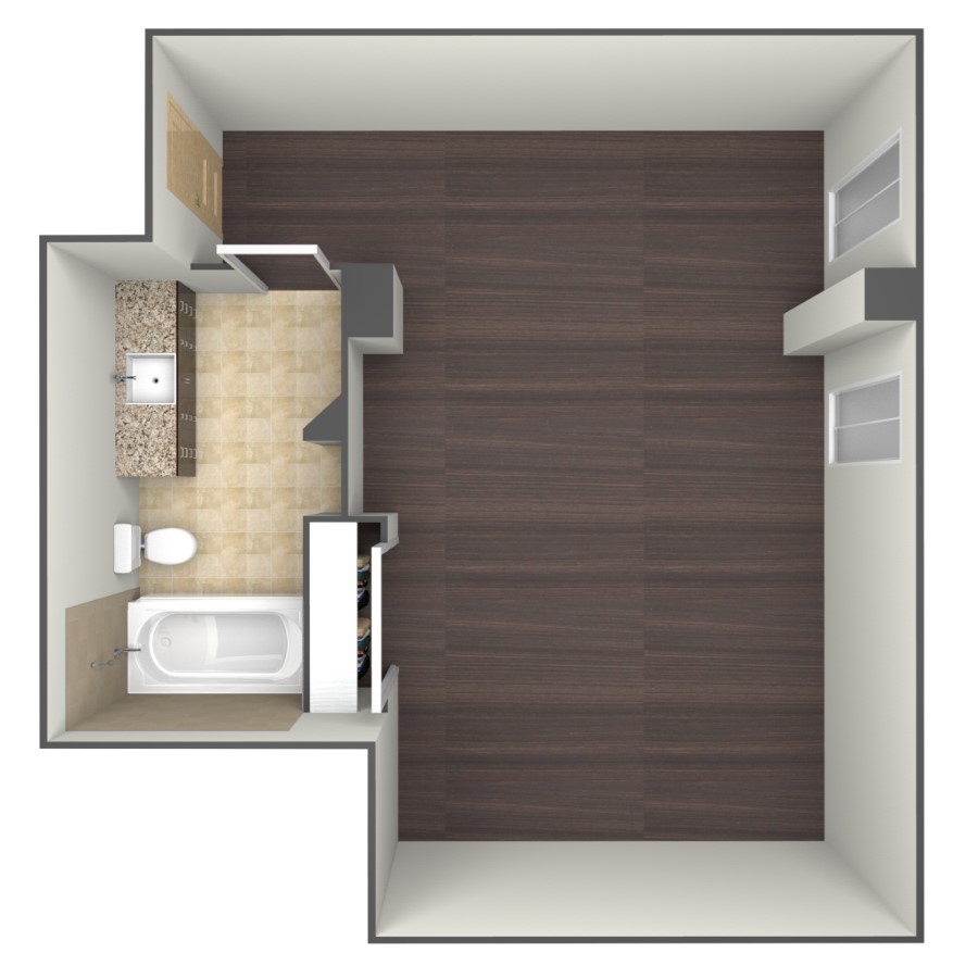 Rendering of the E1 floor plan with a Studio bedroom and 1 bathroom[s] at belltowerflats
