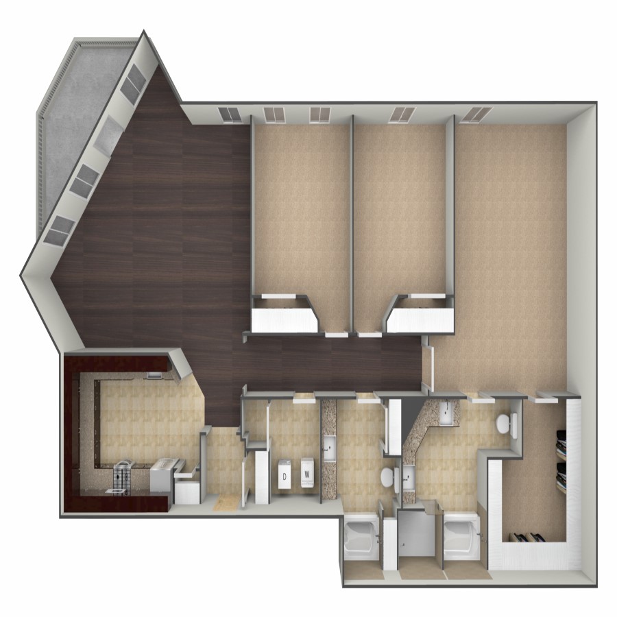 Rendering of the C1 floor plan with 3 bedroom[s] and 2 bathroom[s] at belltowerflats
