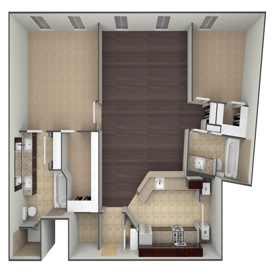 Rendering of the B3A floor plan with 2 bedroom[s] and 2 bathroom[s] at belltowerflats