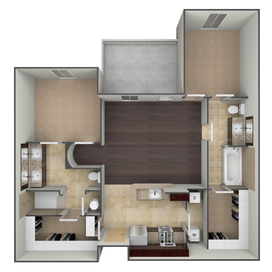 Rendering of the B1A floor plan with 2 bedroom[s] and 2 bathroom[s] at belltowerflats
