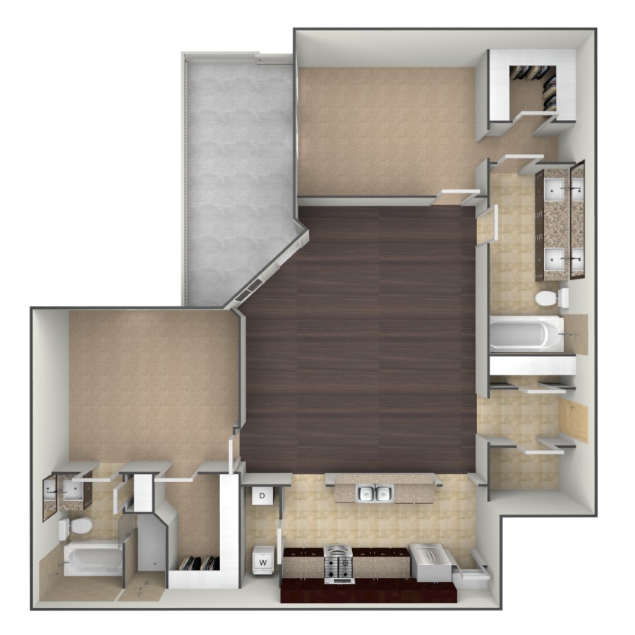 Rendering of the B4A floor plan with 2 bedroom[s] and 2 bathroom[s] at belltowerflats