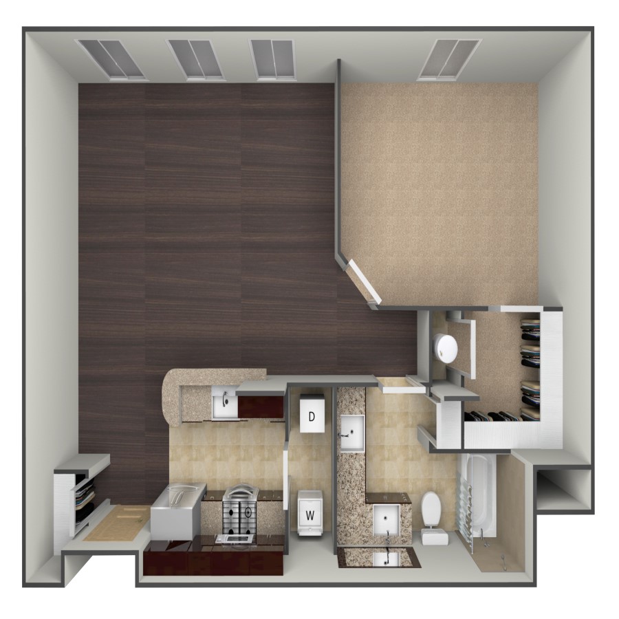 Rendering of the A2 floor plan with 1 bedroom[s] and 1 bathroom[s] at belltowerflats