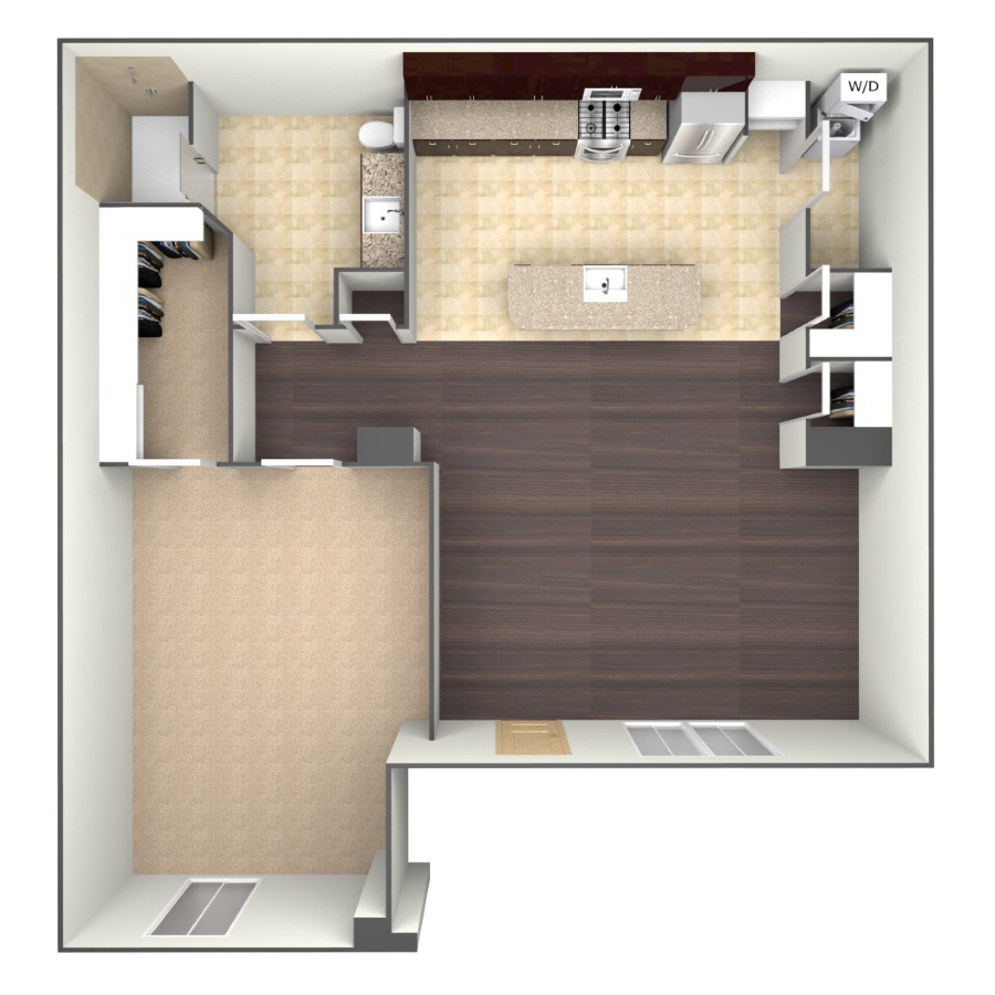 Rendering of the A2F floor plan with 1 bedroom[s] and 1 bathroom[s] at belltowerflats