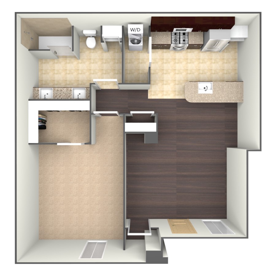 Rendering of the A1C floor plan with 1 bedroom[s] and 1 bathroom[s] at belltowerflats
